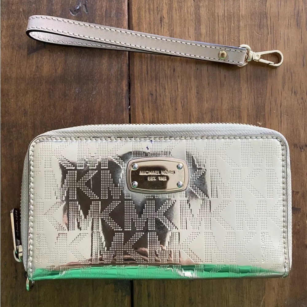 Michael Kors Wallet Wristlet Gold Tone Metallic Monogram Mirror Leather MK Logo